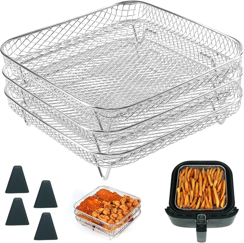 BYKITCHEN 8 inch Square Air Fryer Rack, 3pcs Stackable Stainless Steel Dehydrator Rack with Silicon Feet, Square Air Fryer Accessories for Cosori, Instant Vortex, Ninja Pro XL 6.5 QT AF181 & More - Image 1